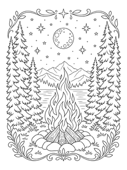 Free printable Campfire Under Starry Mountain Sky coloring page