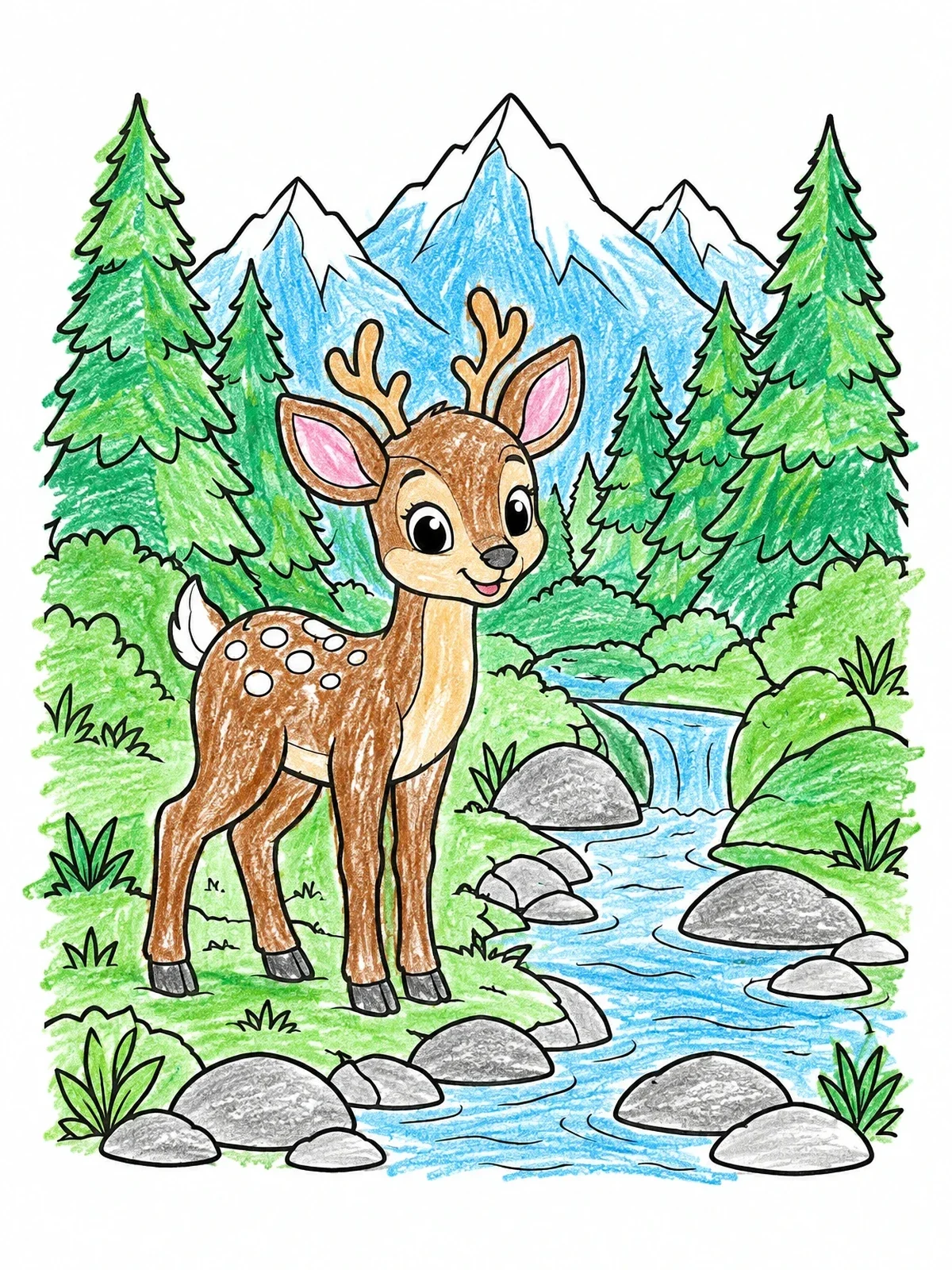 Colored example of the Cute Deer By A Mountain Stream coloring page