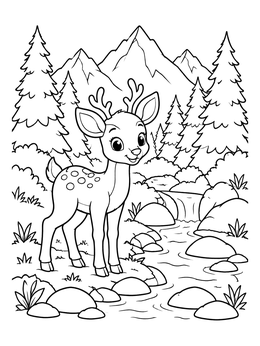 Free printable Cute Deer By A Mountain Stream coloring page