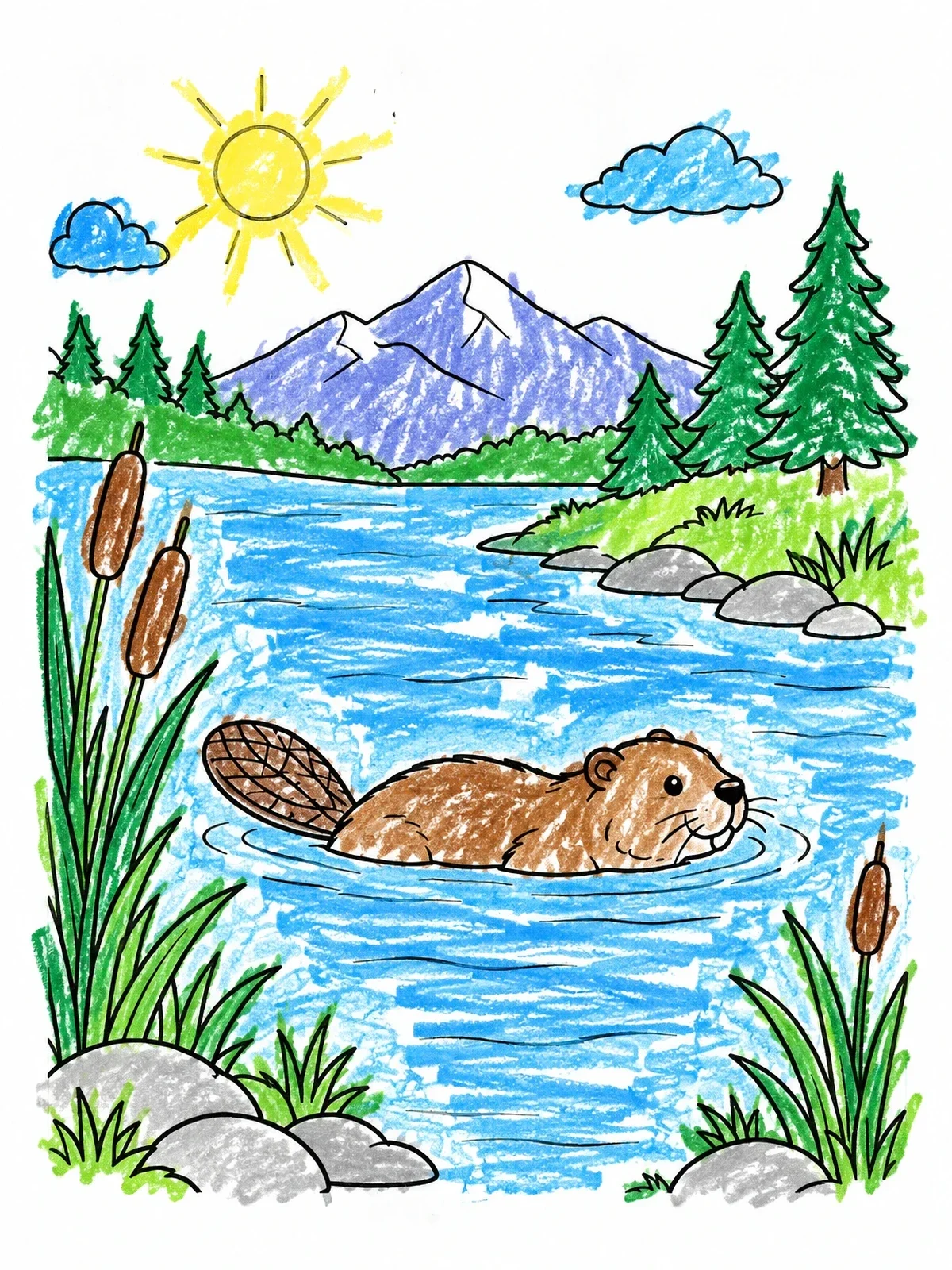 Colored example of the Swimming Beaver In Mountain River coloring page