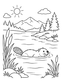 Free printable Swimming Beaver In Mountain River coloring page