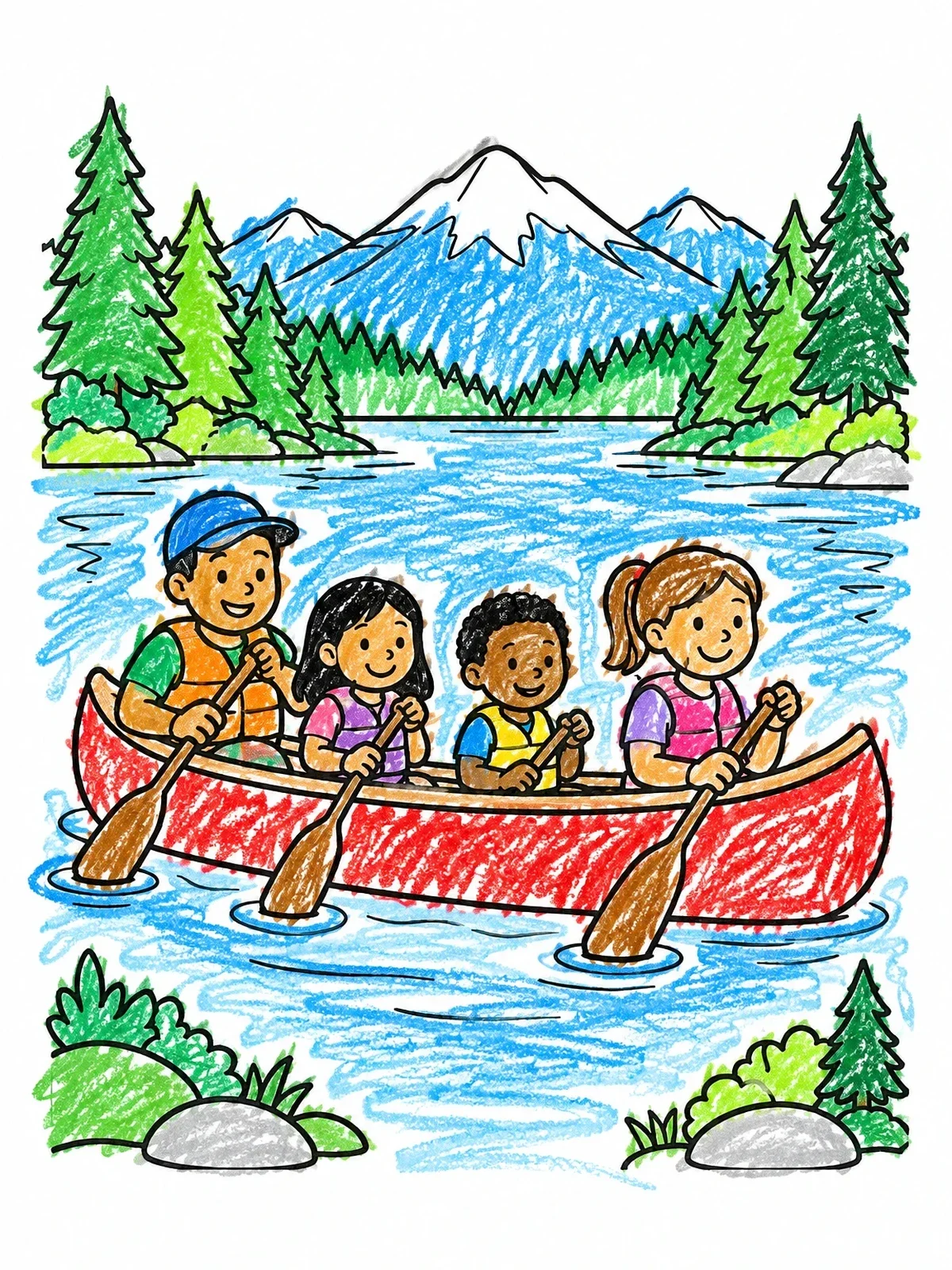 Colored example of the Family Canoeing On Lake coloring page