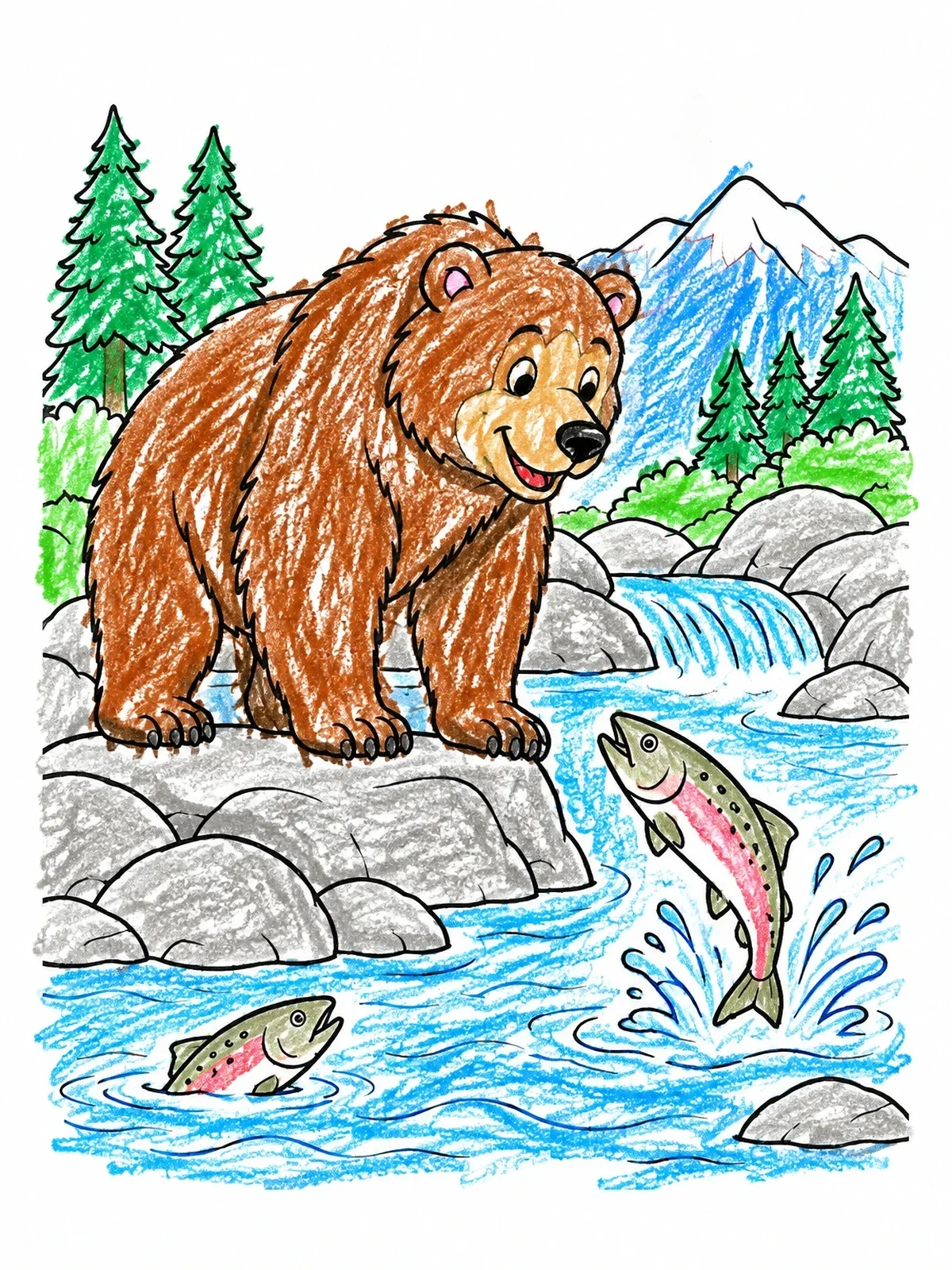 Colored example of the Friendly Grizzly Bear By The River coloring page