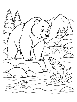 Free printable Friendly Grizzly Bear By The River coloring page