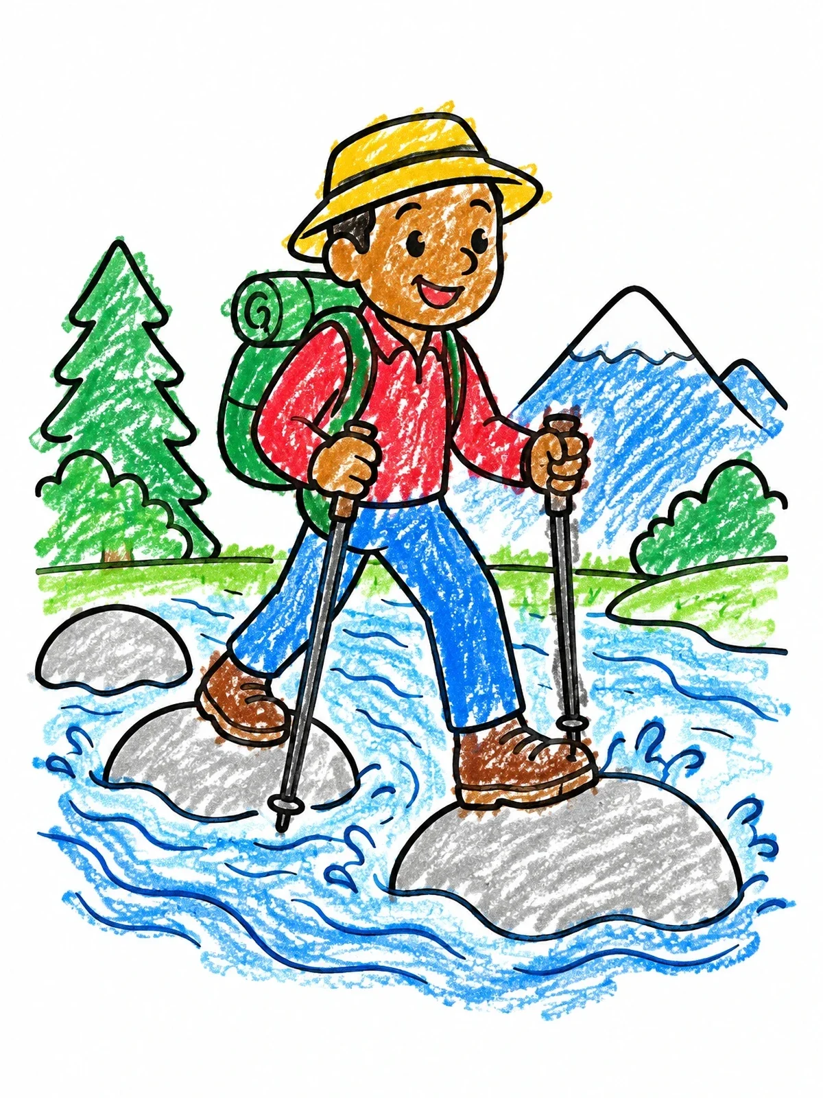Colored example of the Hiker Stepping Across River Stones coloring page