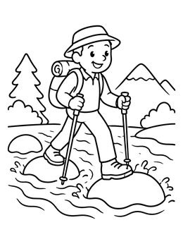 Free printable Hiker Stepping Across River Stones coloring page
