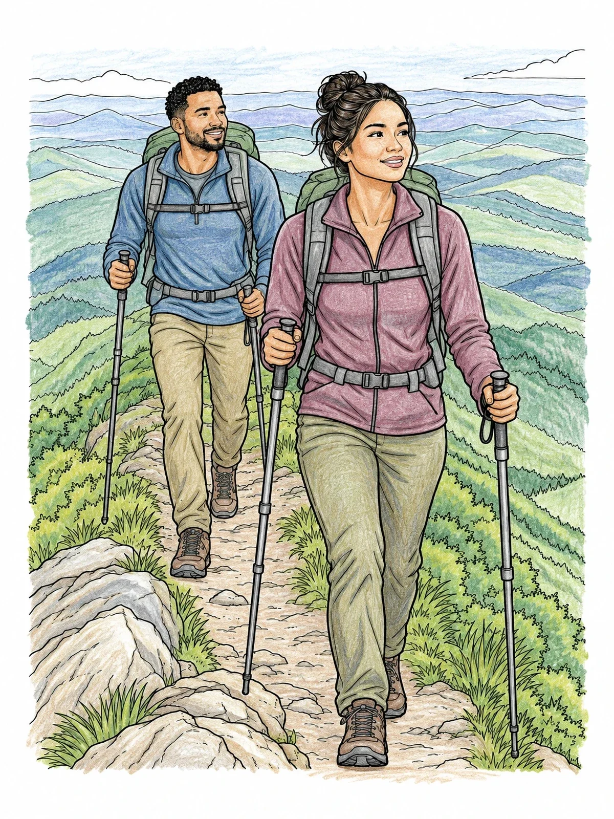 Colored example of the Hikers On A Mountain Ridge coloring page