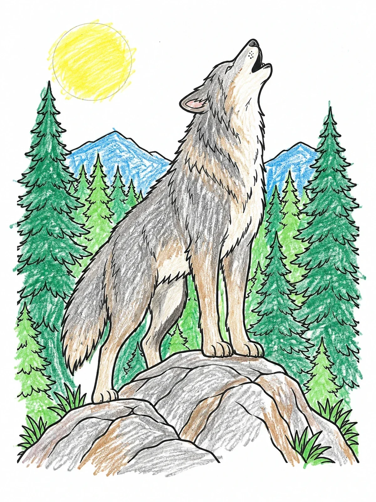 Colored example of the Howling Wolf In Mountain Forest coloring page
