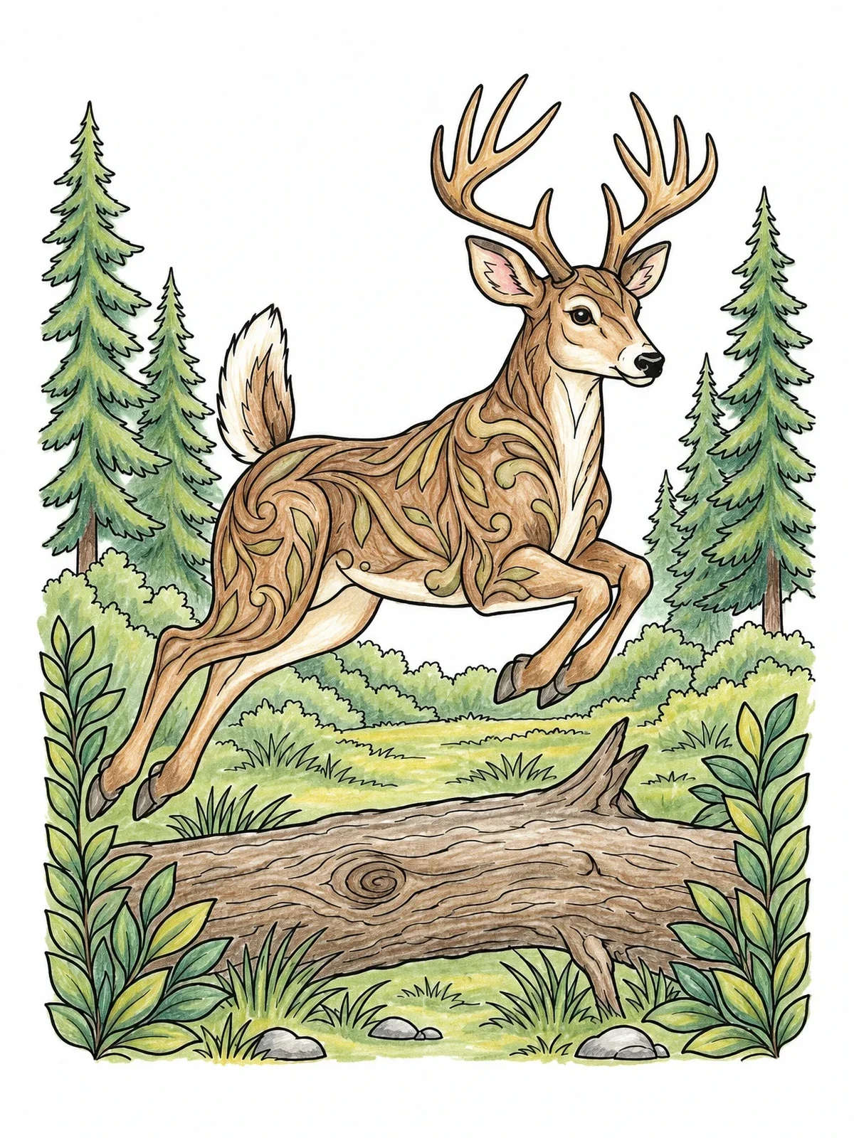 Colored example of the Leaping Buck Over Fallen Log coloring page