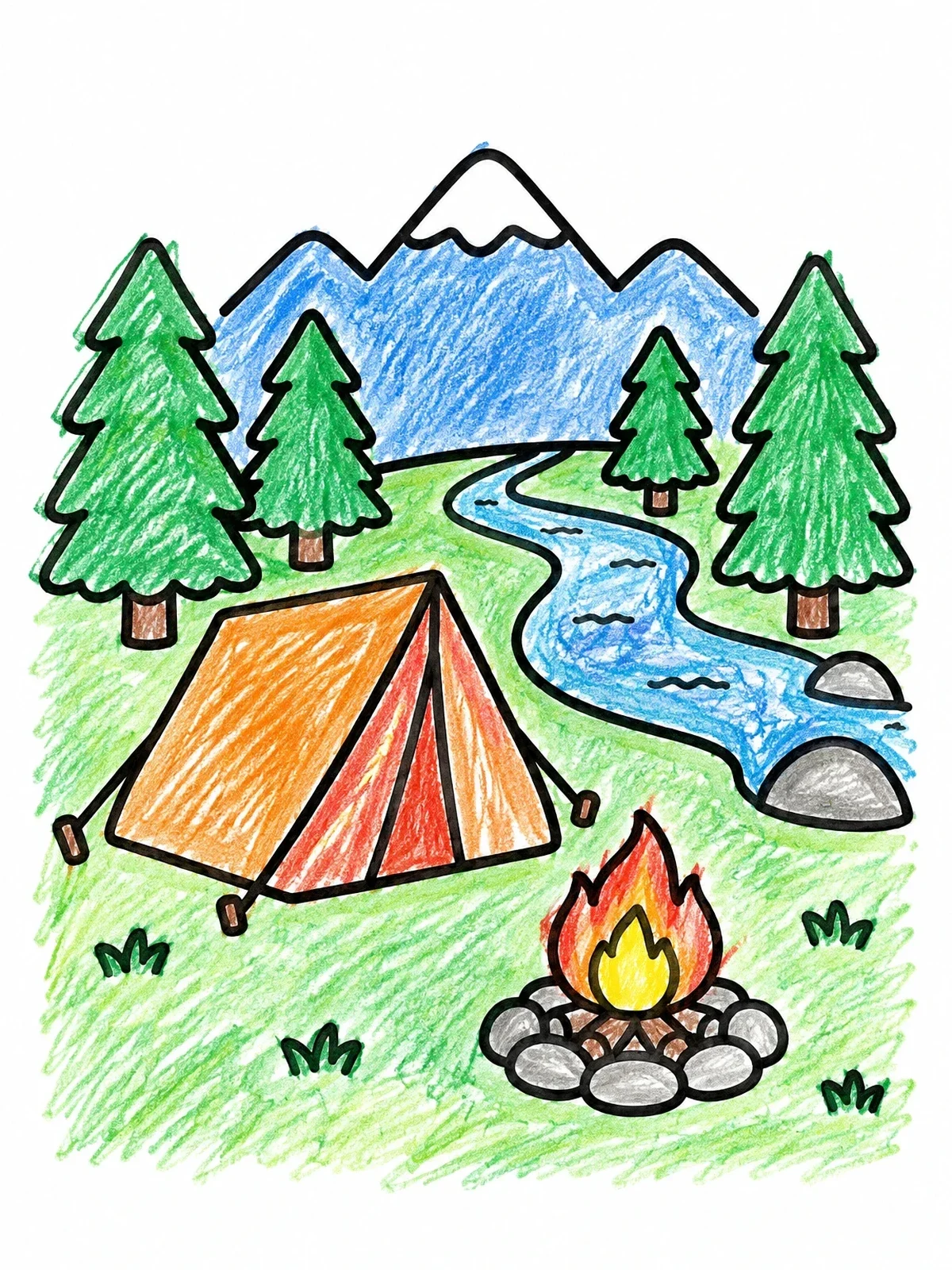 Colored example of the Campfire And Tent By The River coloring page