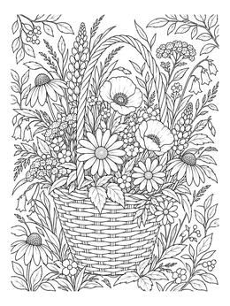 Detailed flower basket coloring page with daisies, poppies, and woven textures.