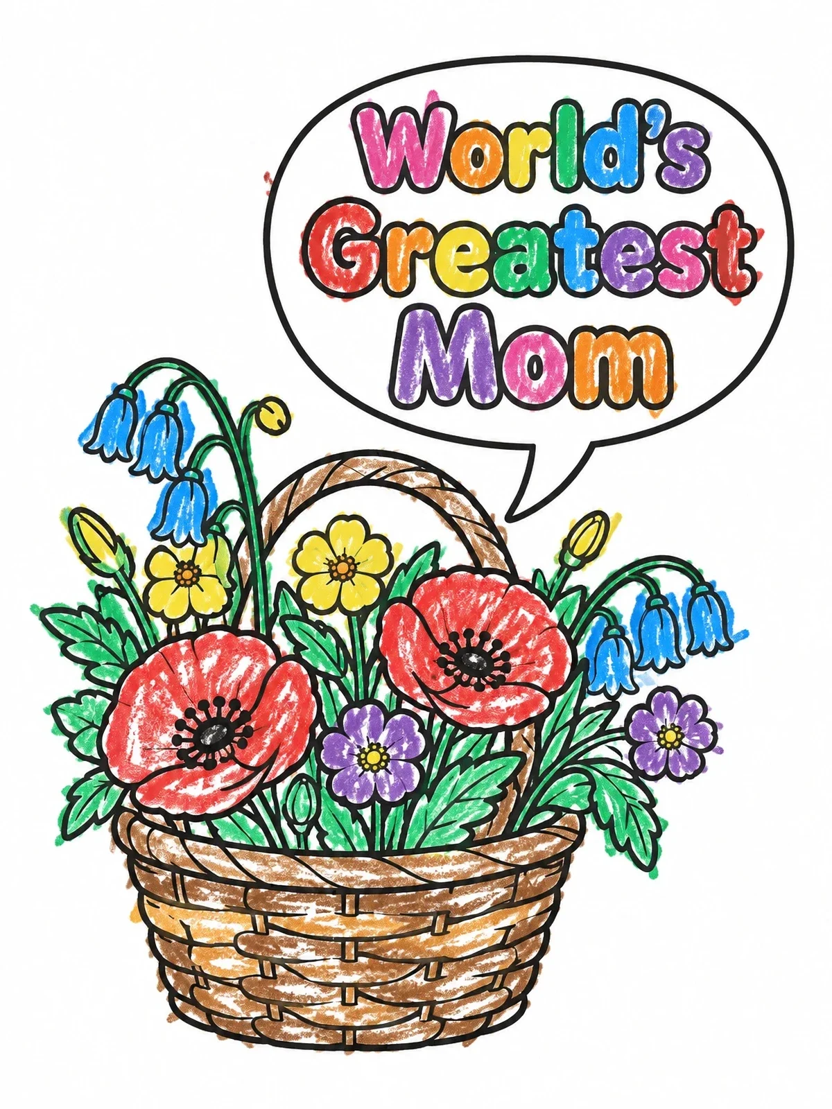 Colored example of the Wildflower Basket For Mom coloring page