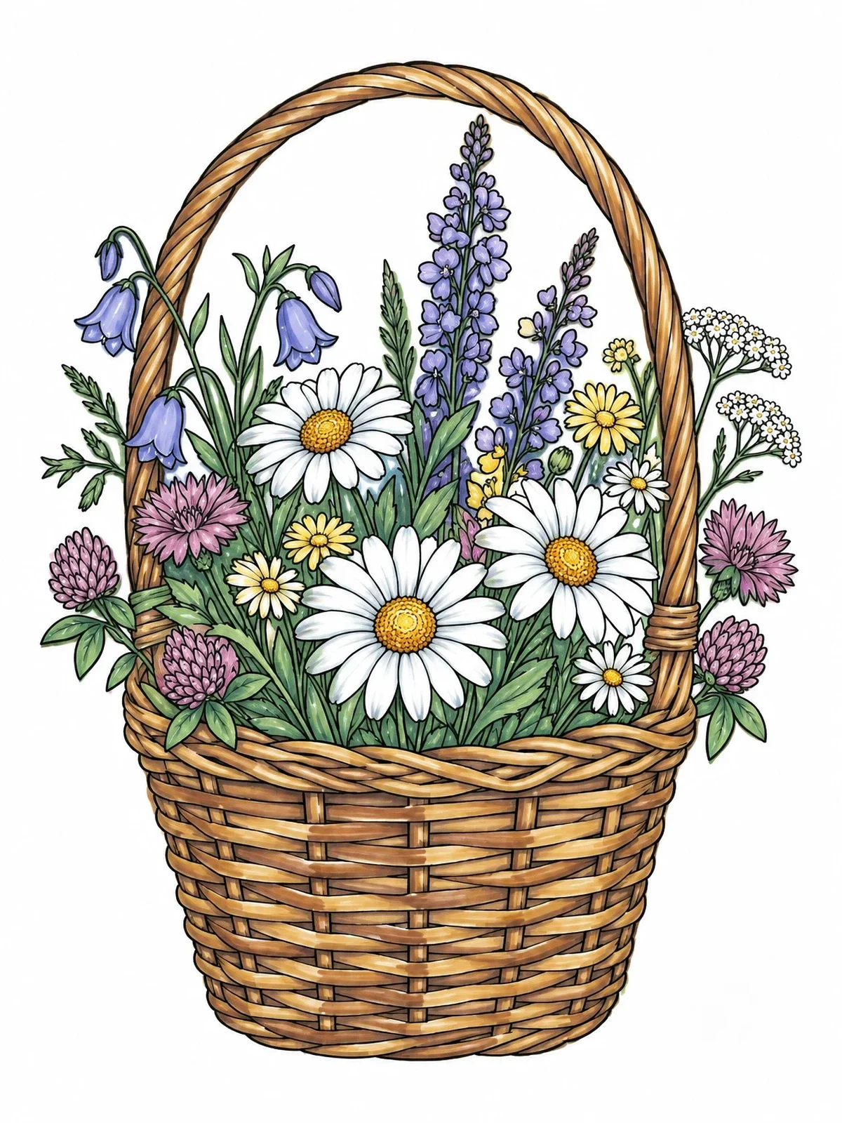 Colored example of the Wildflower Basket With Tall Handle coloring page