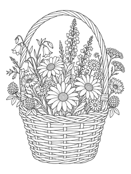 Detailed flower basket coloring page filled with daisies, bellflowers, and clover.