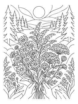 Hands hold a bouquet in this wild flower coloring page against pine trees.