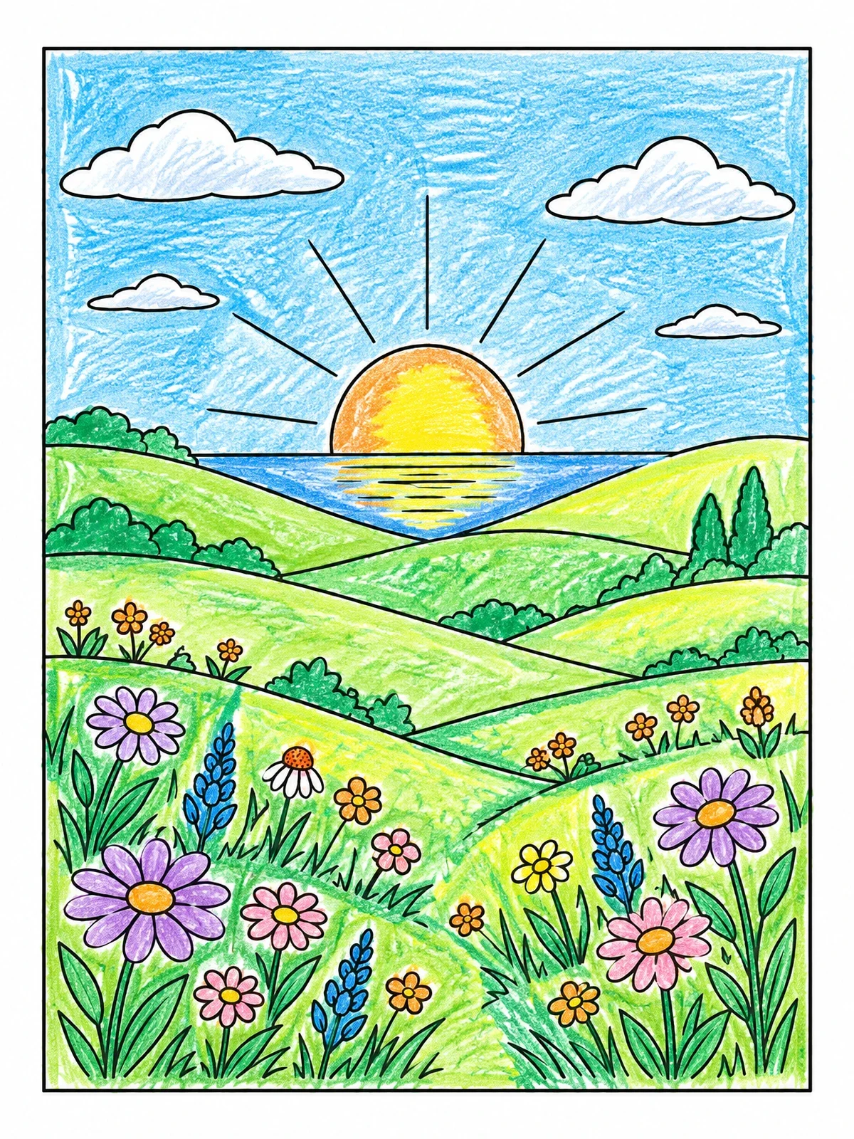 Colored example of the Wildflower Hills Sunset Landscape coloring page