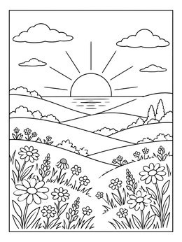 Free printable Wildflower Hills Sunset Landscape coloring page