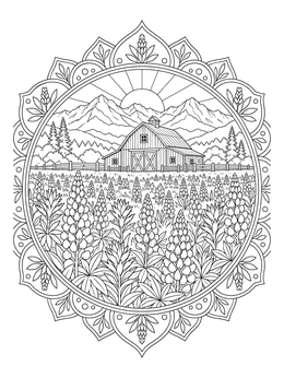 A detailed wild flower coloring page showing a meadow of lupines, rustic barn, and mountains in a decorative frame.
