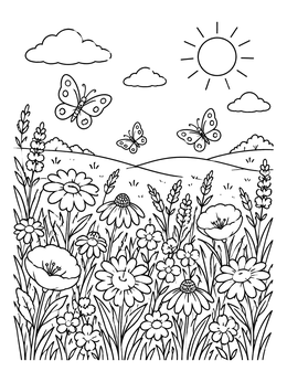 Free printable Wildflower Meadow With Flying Butterflies coloring page