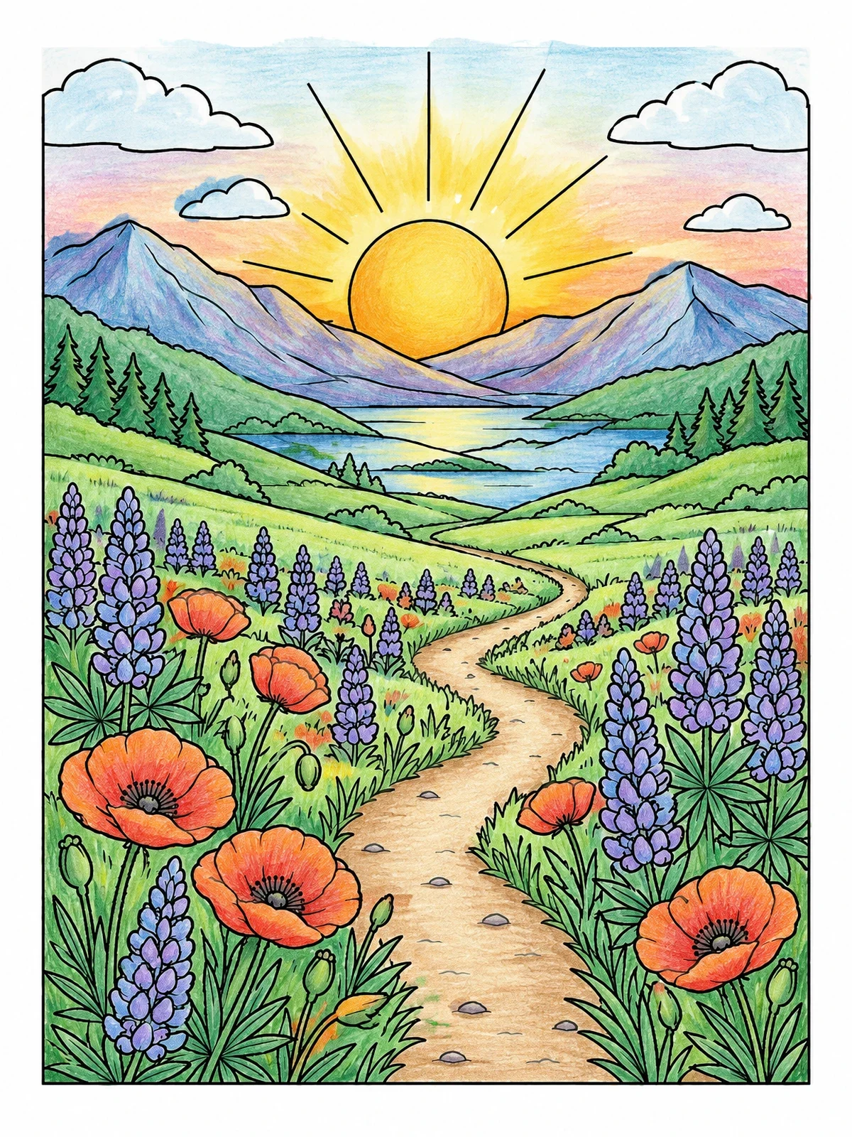 Colored example of the Wildflower Valley Mountain Sunset coloring page
