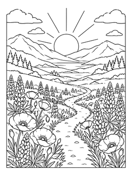 Free printable Wildflower Valley Mountain Sunset coloring page