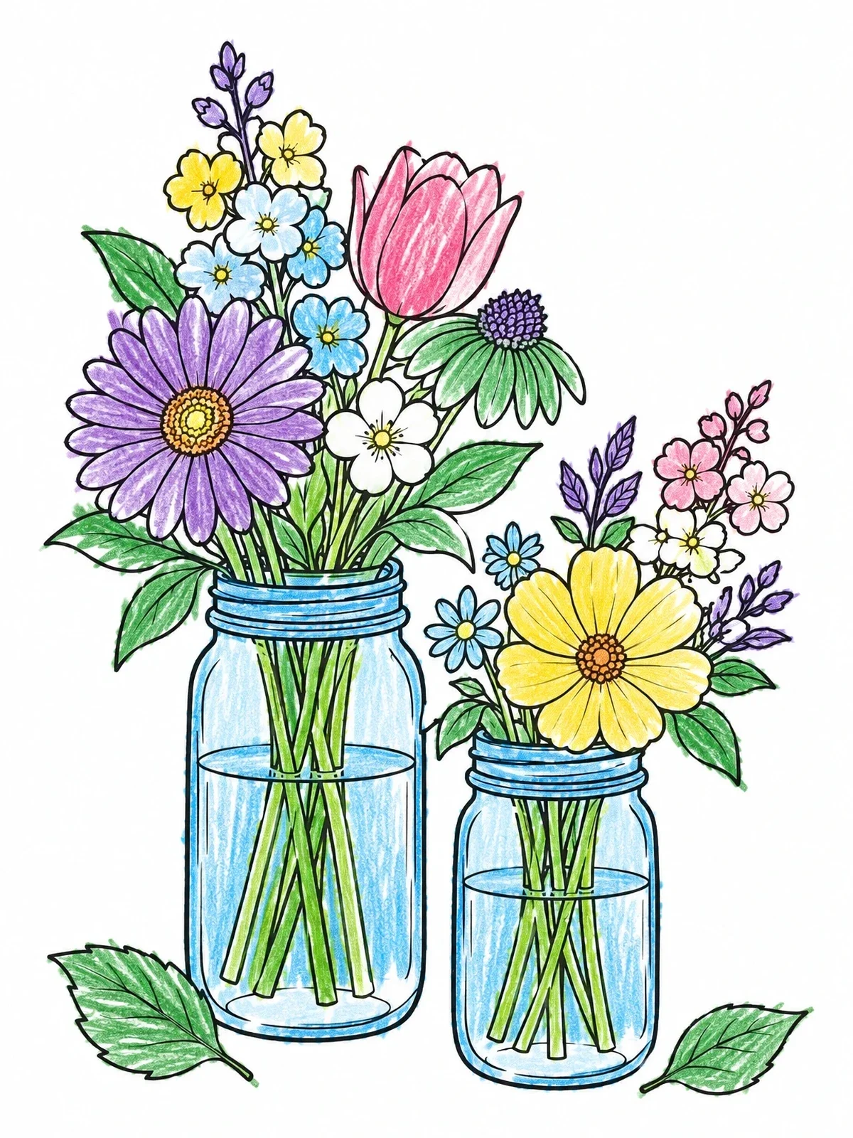 Colored example of the Wildflowers In Glass Canning Jars coloring page