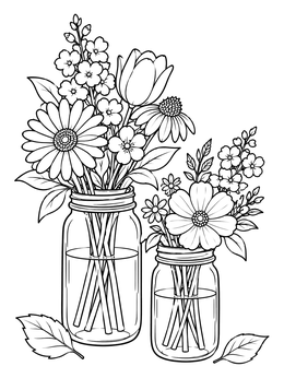A peaceful flowers in a vase coloring page featuring two glass mason jars filled with assorted blossoms.