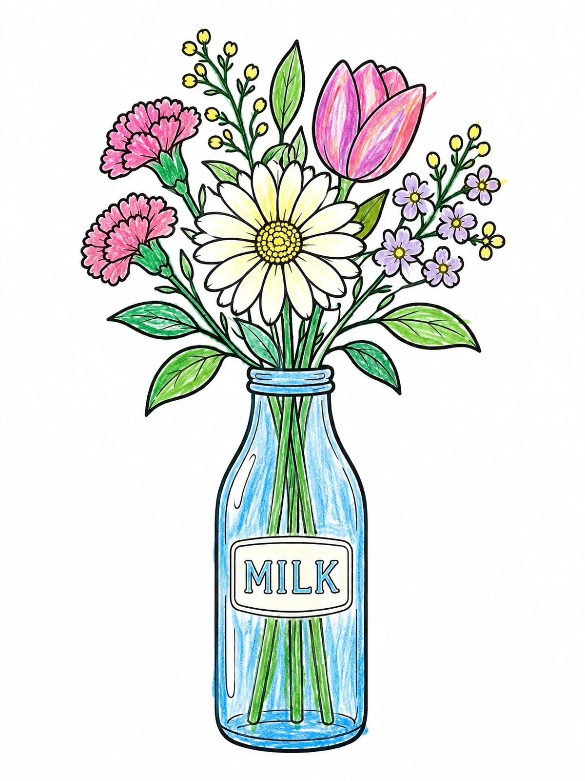 Colored example of the Wildflowers In A Glass Milk Bottle coloring page