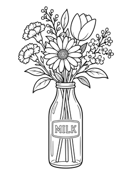 A rustic bouquet fills a glass bottle in this flowers in a vase coloring page.