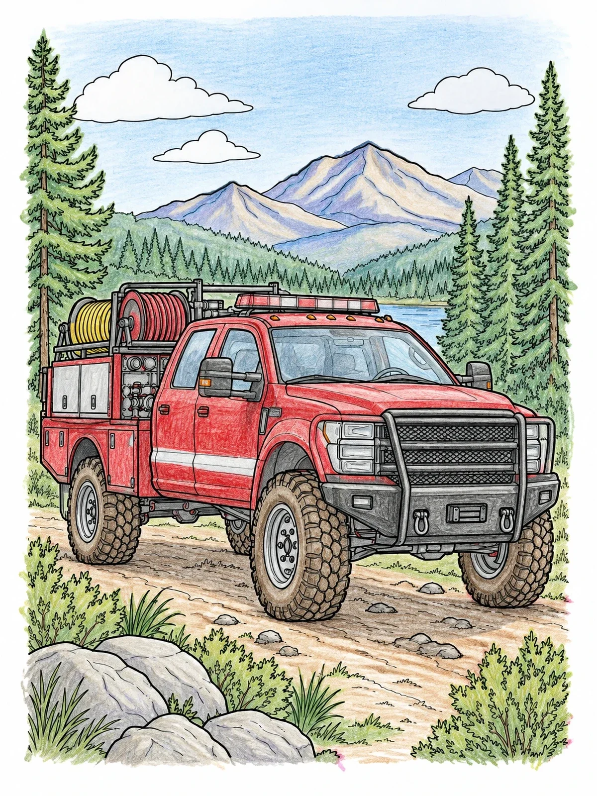 Colored example of the Wildland Fire Engine In Mountains coloring page