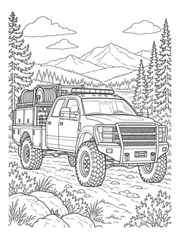 Rugged wildland truck parked in a mountain landscape on this fire truck coloring page.