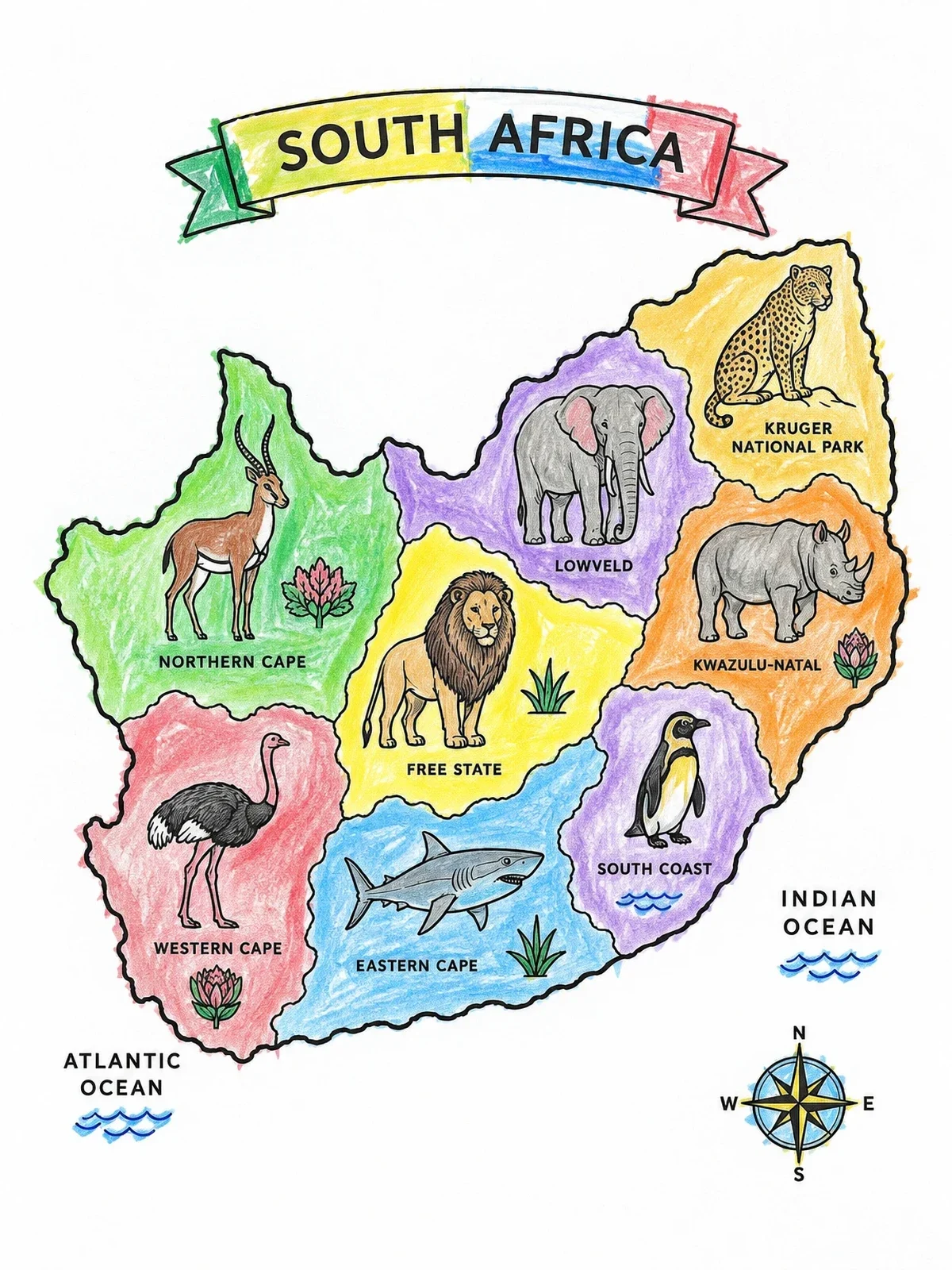 Colored example of the Wildlife Map Of South Africa coloring page