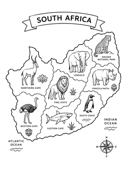 An illustrated wildlife map in this south africa coloring page with native animals across various regions.