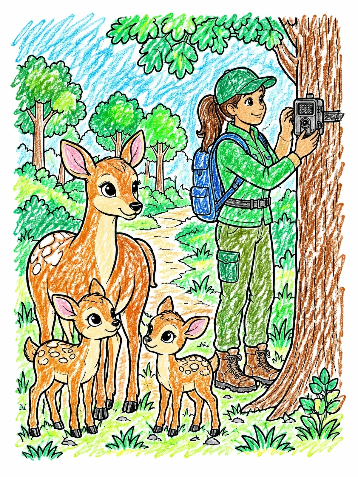 Colored example of the Wildlife Ranger With Deer Family In Forest coloring page
