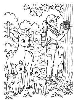 A friendly ranger mounts a trail camera while a mother doe and fawns watch on this deer coloring page.
