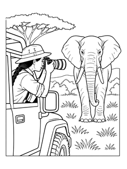 Free printable Wildlife Photographer On Safari With Elephant coloring page