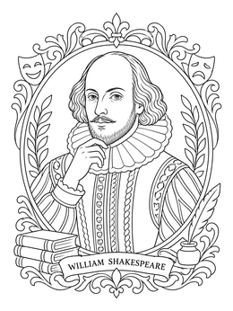 Portrait of the playwright in an intricate frame on this William Shakespeare coloring page.