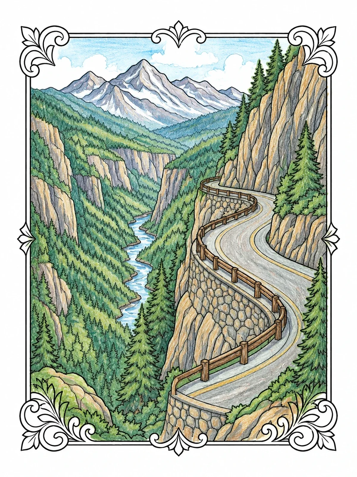 Colored example of the Winding Mountain Pass Road coloring page