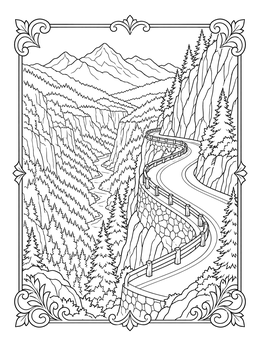 A winding mountain coloring page showing a curvy pass hugging rocky cliffs over a forested canyon.