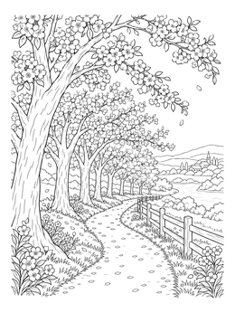 Free printable Winding Path Of Cherry Blossoms coloring page