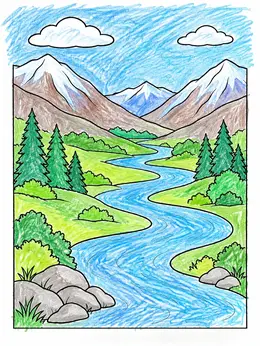 Winding River Valley With Mountains – Landscape Coloring Page