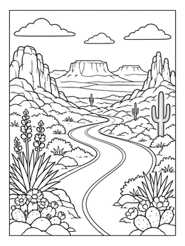 A winding road curves past flowering cacti in this scenic desert coloring page.