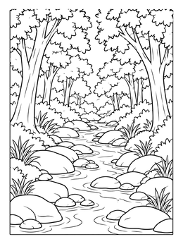 Free printable Winding Stream Through Deciduous Woods coloring page