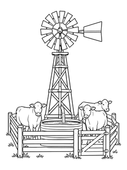 Cows gather at a water trough in this heartland coloring page with a tall windmill.
