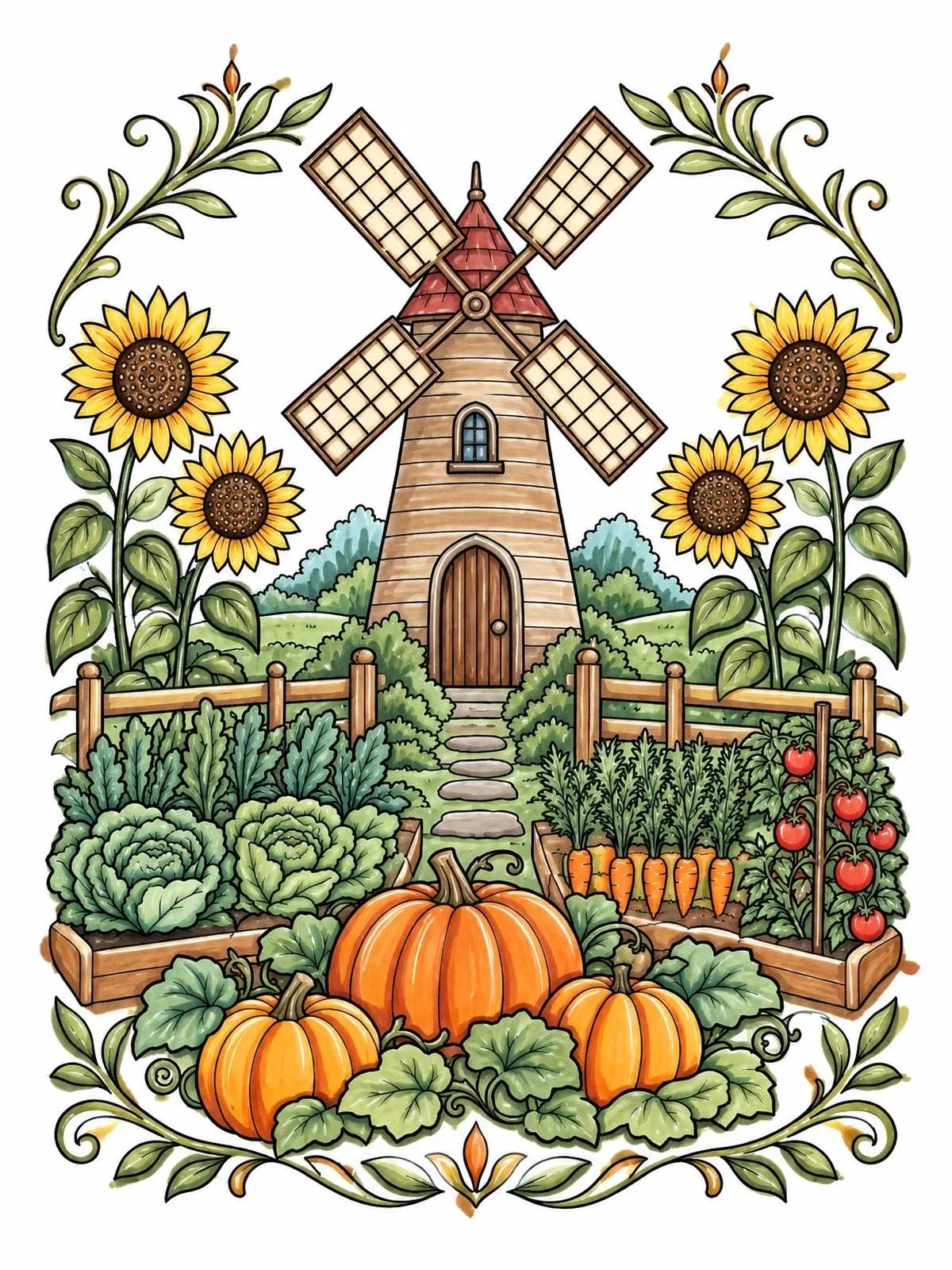 Colored example of the Windmill And Autumn Garden Patch coloring page