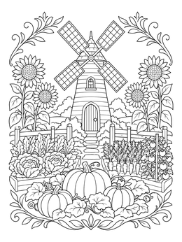 Detailed windmill coloring page featuring garden beds with pumpkins, sunflowers, and vegetables.