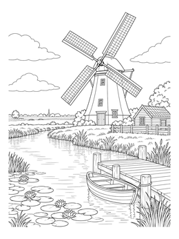 A peaceful canal with a small boat and water lilies in this windmill coloring page.