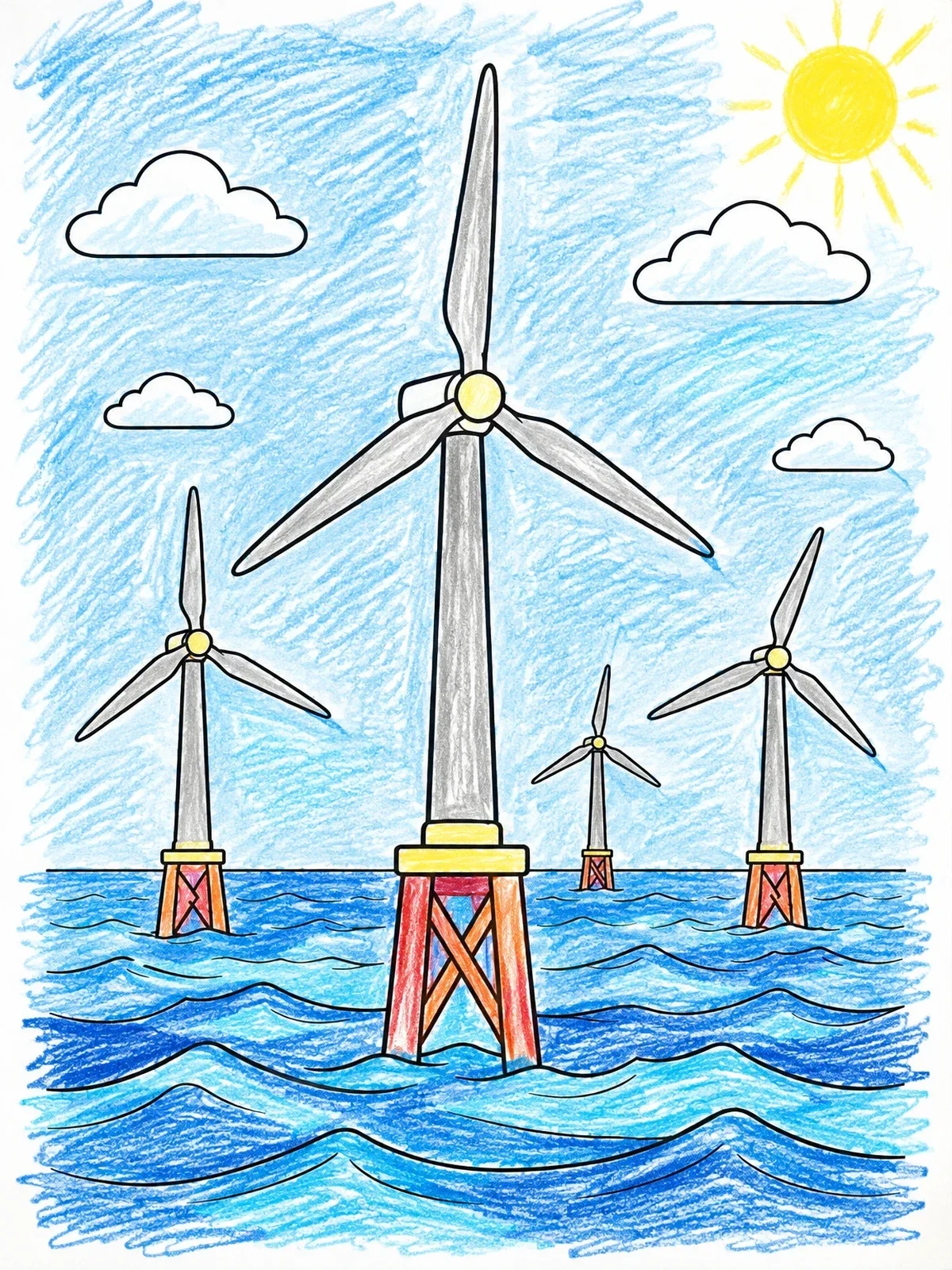 Colored example of the Offshore Wind Turbines In The Ocean coloring page