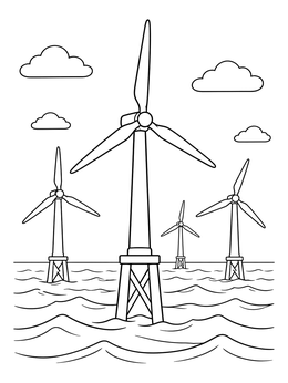 Modern offshore windmill coloring page standing tall amidst ocean waves and fluffy clouds.