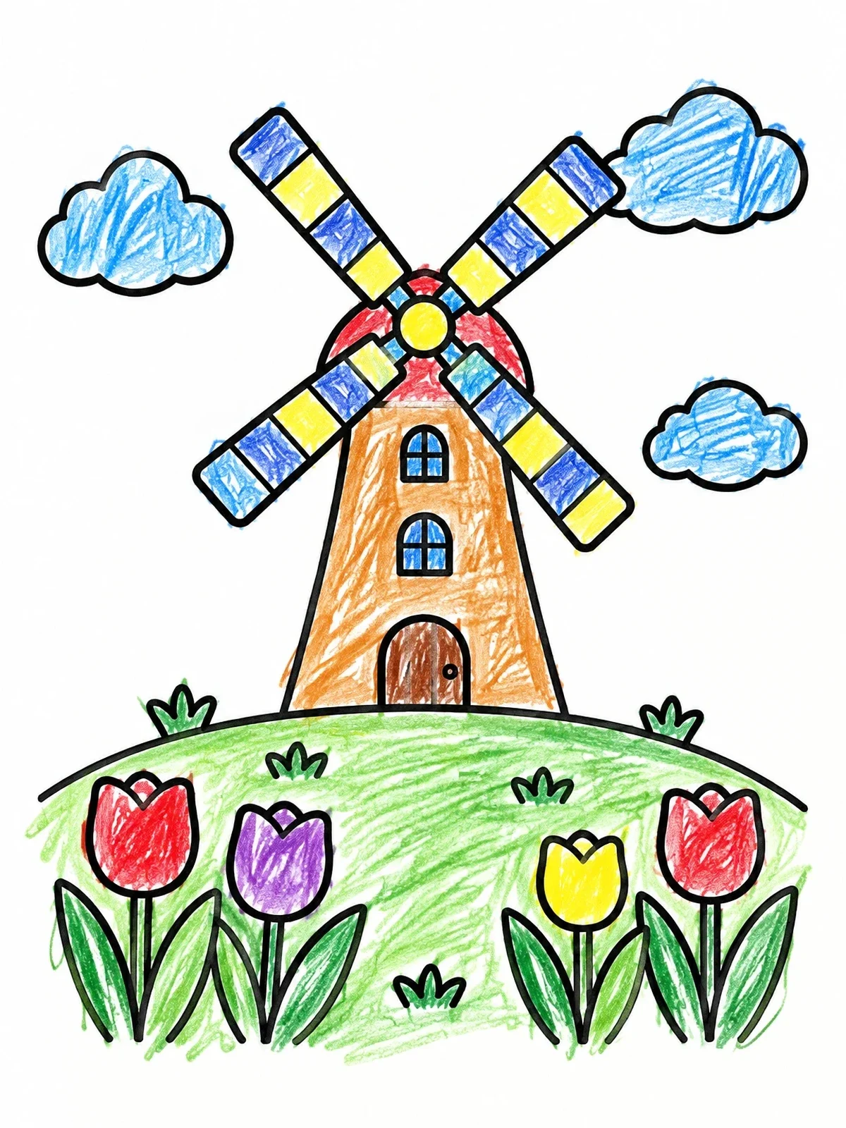 Colored example of the Windmill On A Tulip Hill coloring page